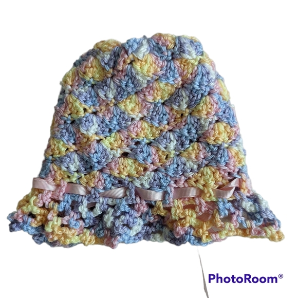 Hand Crocheted Multi Color Pastel Infant Size Beanie Hat with Pink Ribbon Bow - Picture 7 of 8